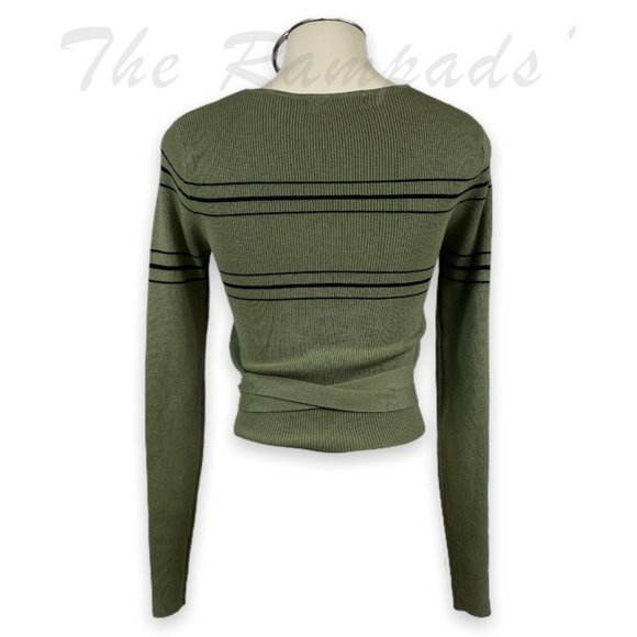 Zara Knit Olive Green with Black Wrap Tie Waist Top Size Small - Picture 5 of 10